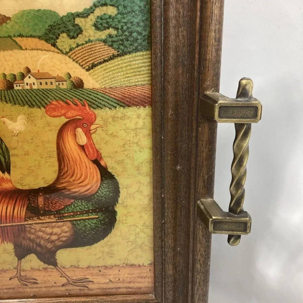 VTG Charles Wysocki Rooster Express Wood Lacquered Service Tray Wall Art Cottage